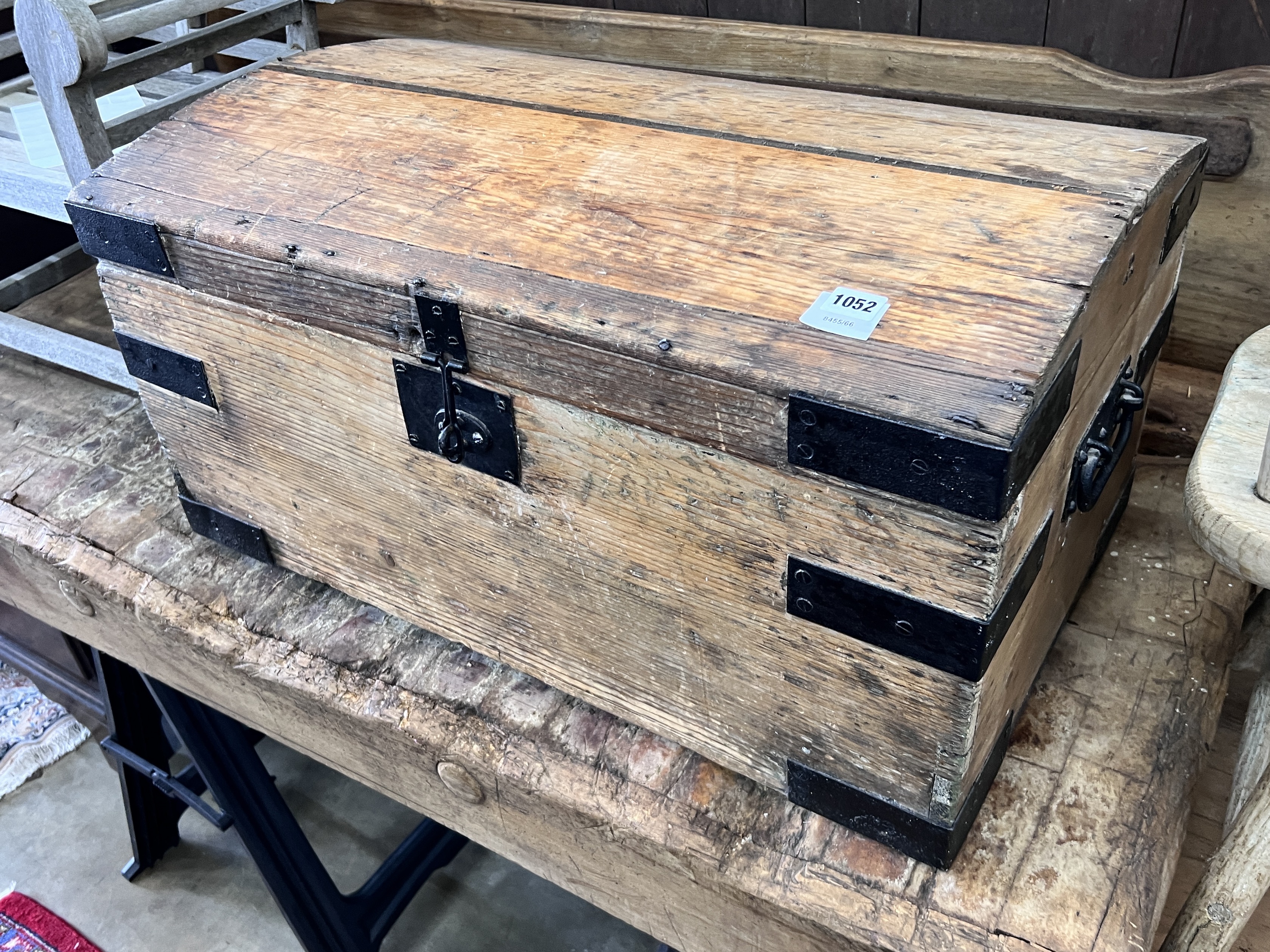 A Victorian metal bound domed pine trunk, length 77cm, width 44cm, height 38cm